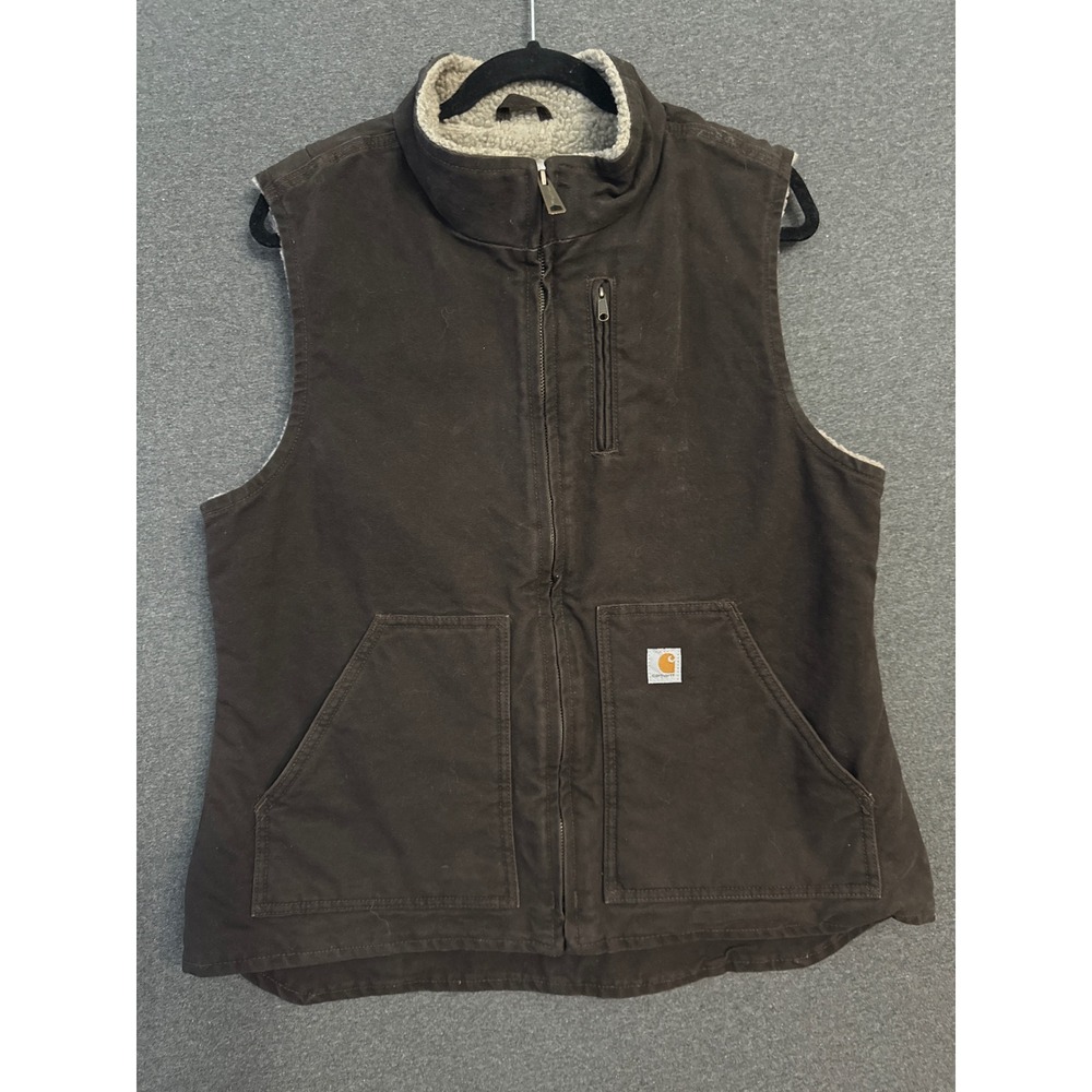 Carhartt large Sandstone Sherpa Lined Vest Brown Canvas outdoor hiking western